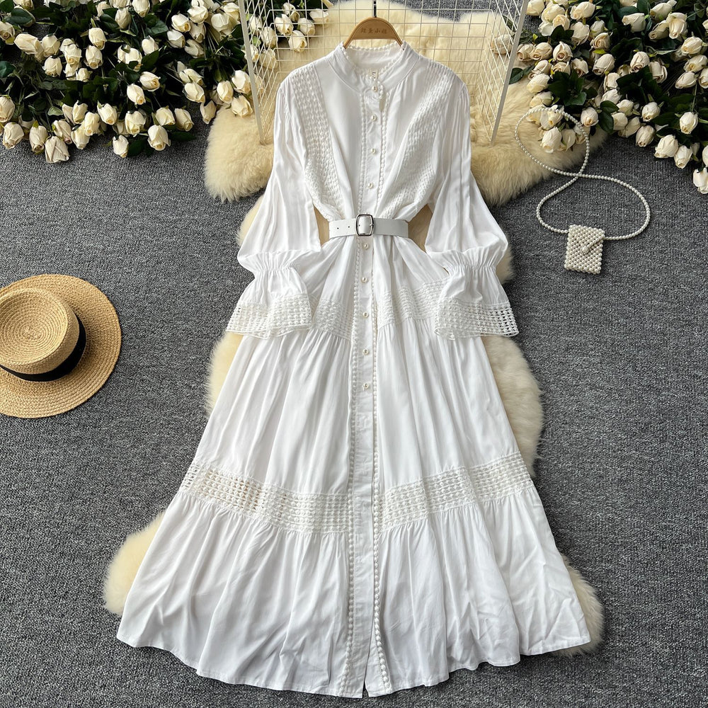 French court retroelegancedress women's stand collar bell sleeves waist single breasted lacepatchwork large swing long skirt