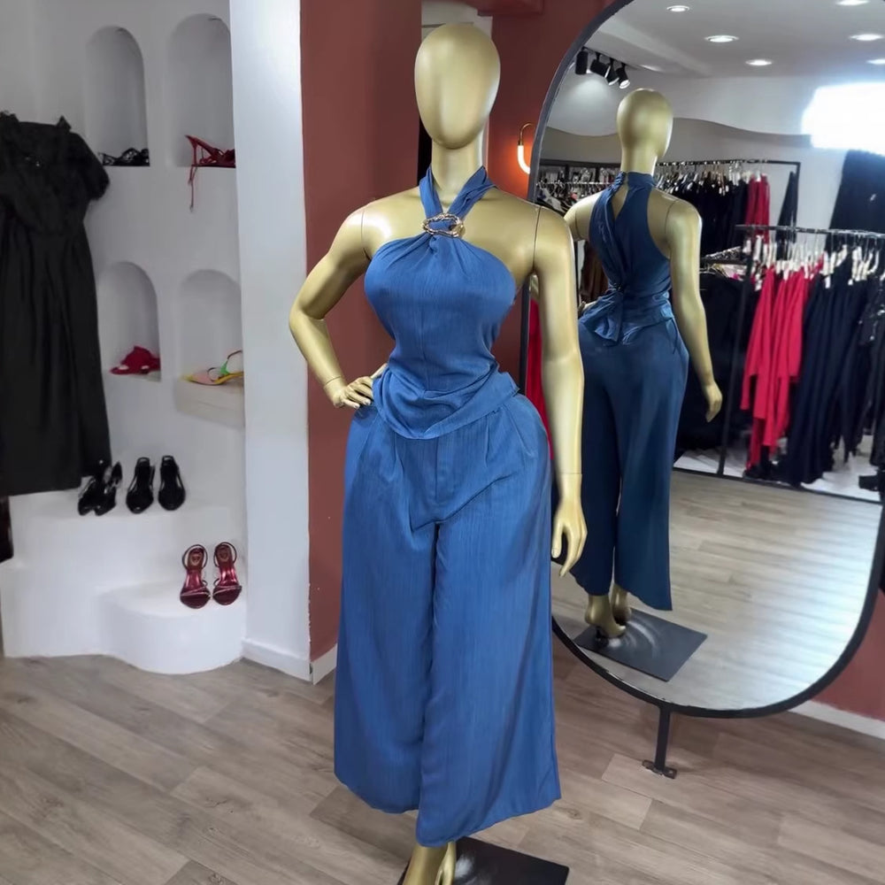 European and american cross-border women's fashion  summer new arrival: elegant halter neck slim-fit sleeveless top and wide-leg pants casual set