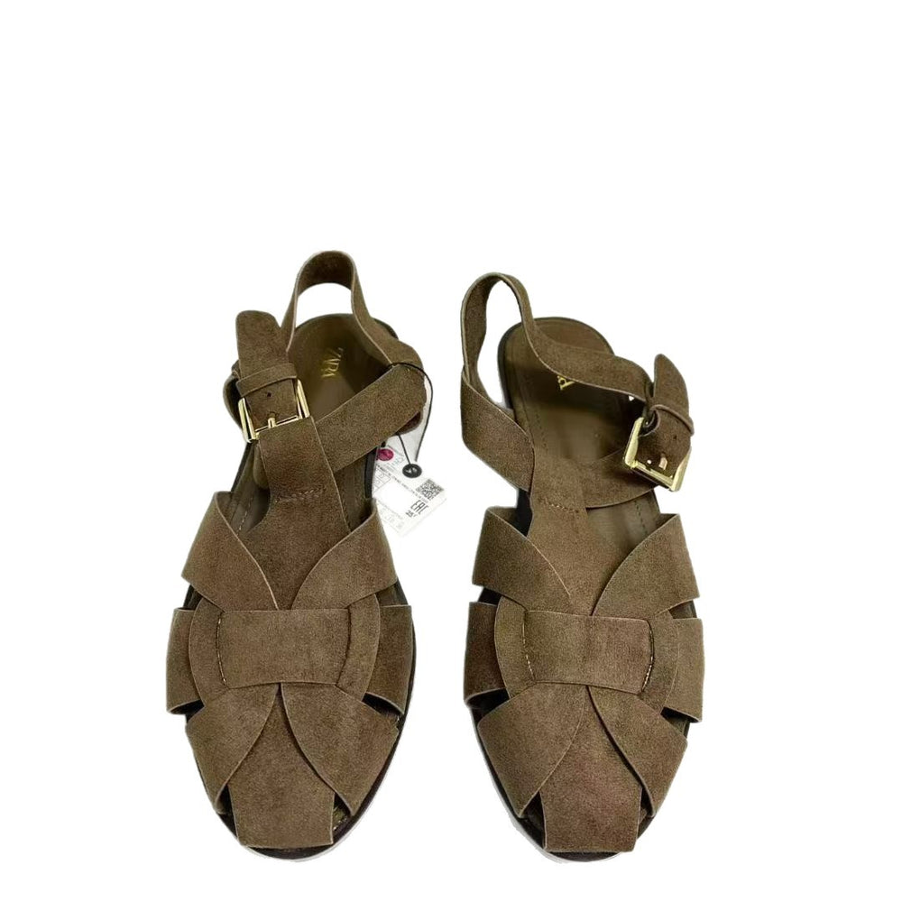 Za2025summernew arrivalcut out round toe sandals women's bag toe easiest for match lightweight plaidflats roman beach women's shoes
