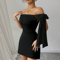 Amazon independent station elegantelegance shoulder patchwork ribbon black silm a-line shortdress