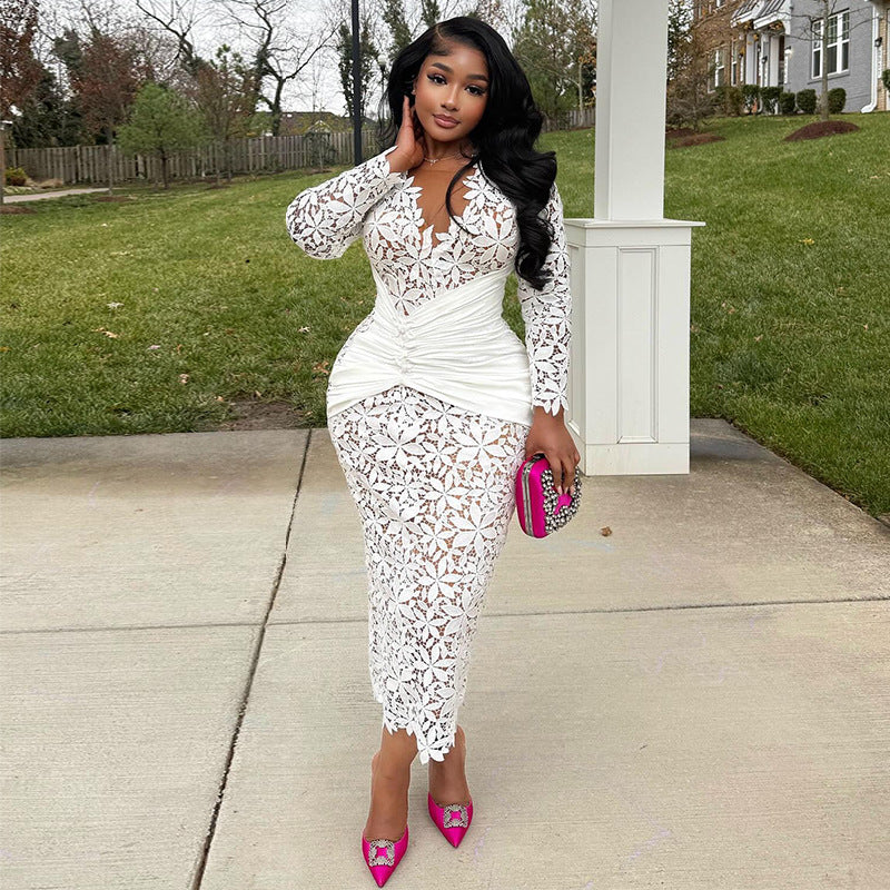 European and american women's clothing  autumn new collection: sweet and fresh lace v-neck long sleeve high-waisted bodycon maxi dress