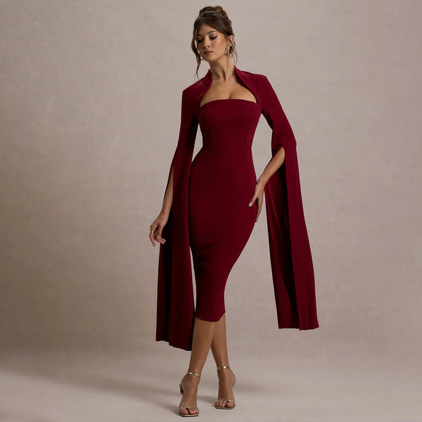 European and American style 2025 new women's elegant dress sexy long-sleeved split-ended streamer evening dress hollow medium and long dress