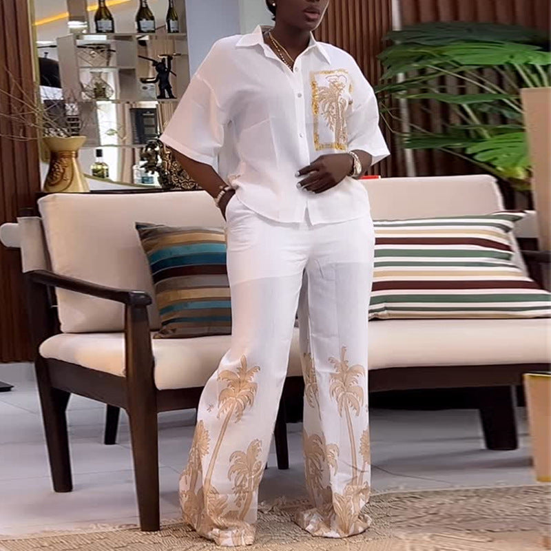 European and american cross-border african women's fashion:  autumn new collection - trendy printed loose-fit short sleeve shirt and wide-leg pants set