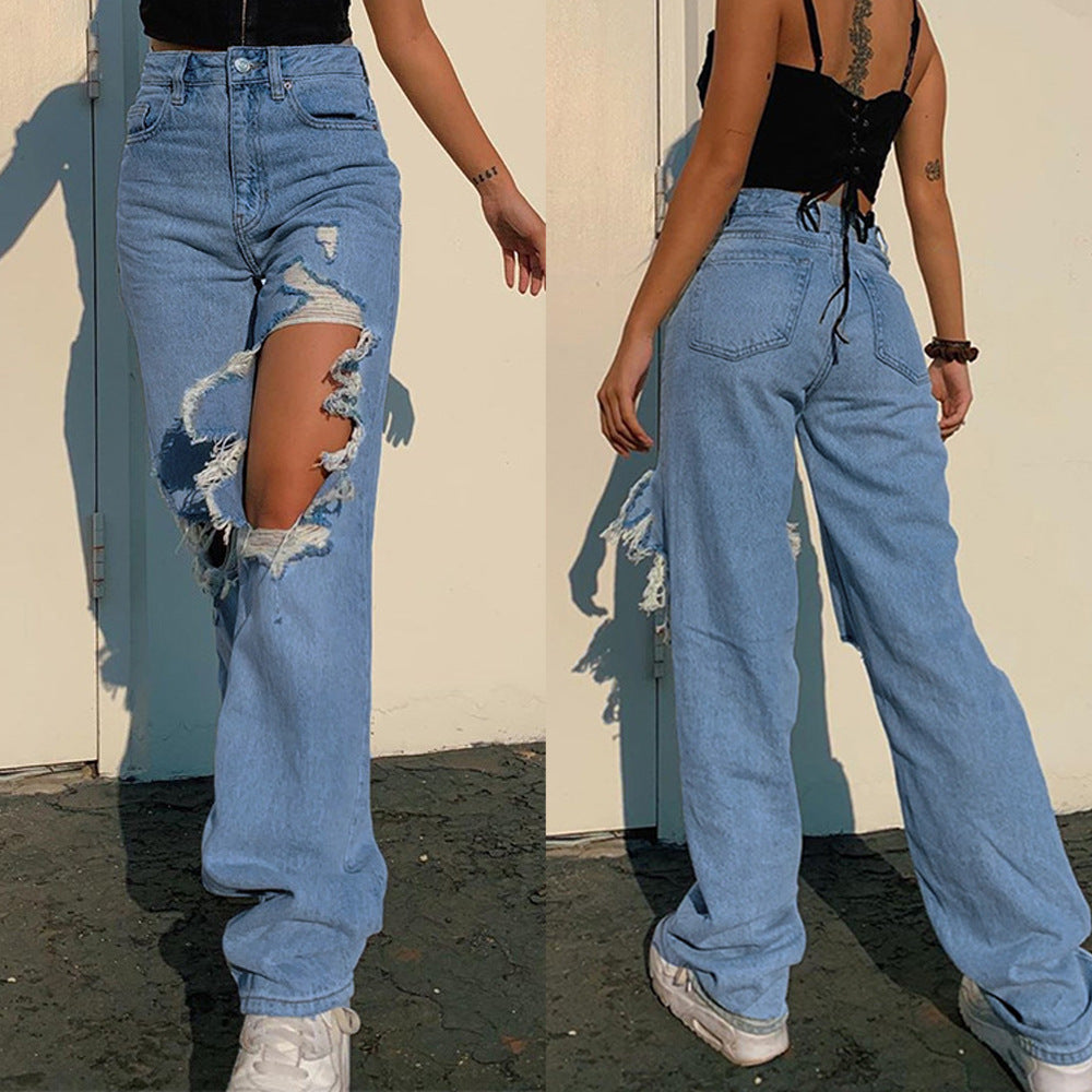 fashion cross-border summer new arrival loosestylish ripped straight-legcasual pants jeans for women