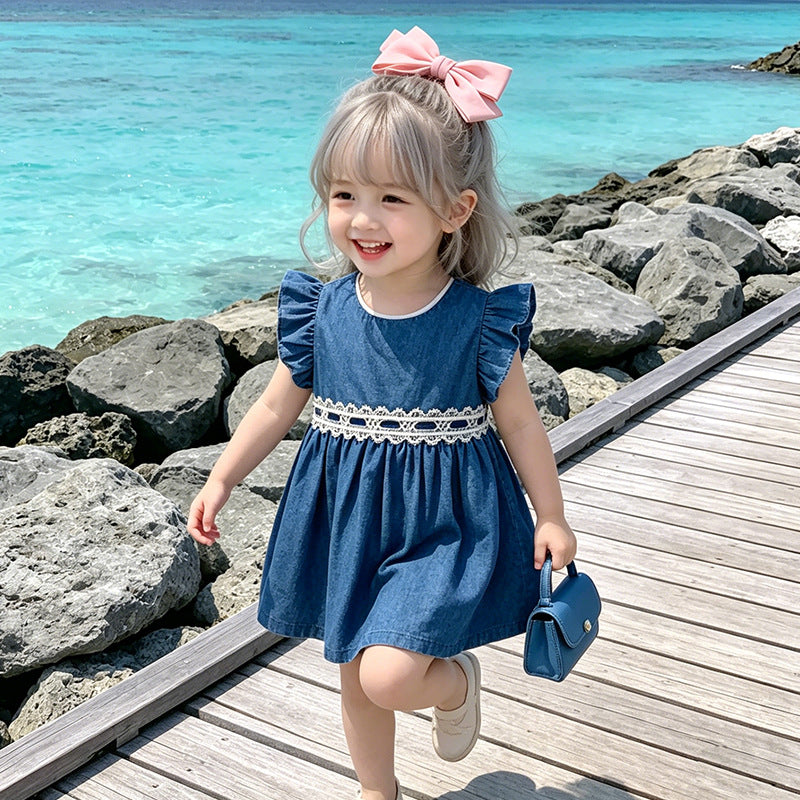 Kids' princess dress  new style baby girl dress denim vest dress chic girls' pleated skirt summer