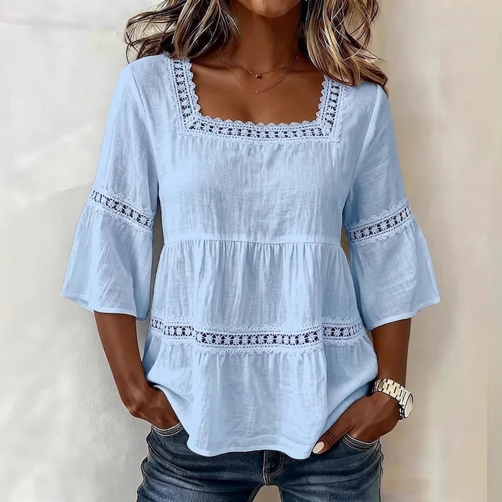 cross-border  summer solid color casual square neck cotton linen lace trimmed three-quarter sleeve top for women
