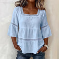cross-border  summer solid color casual square neck cotton linen lace trimmed three-quarter sleeve top for women