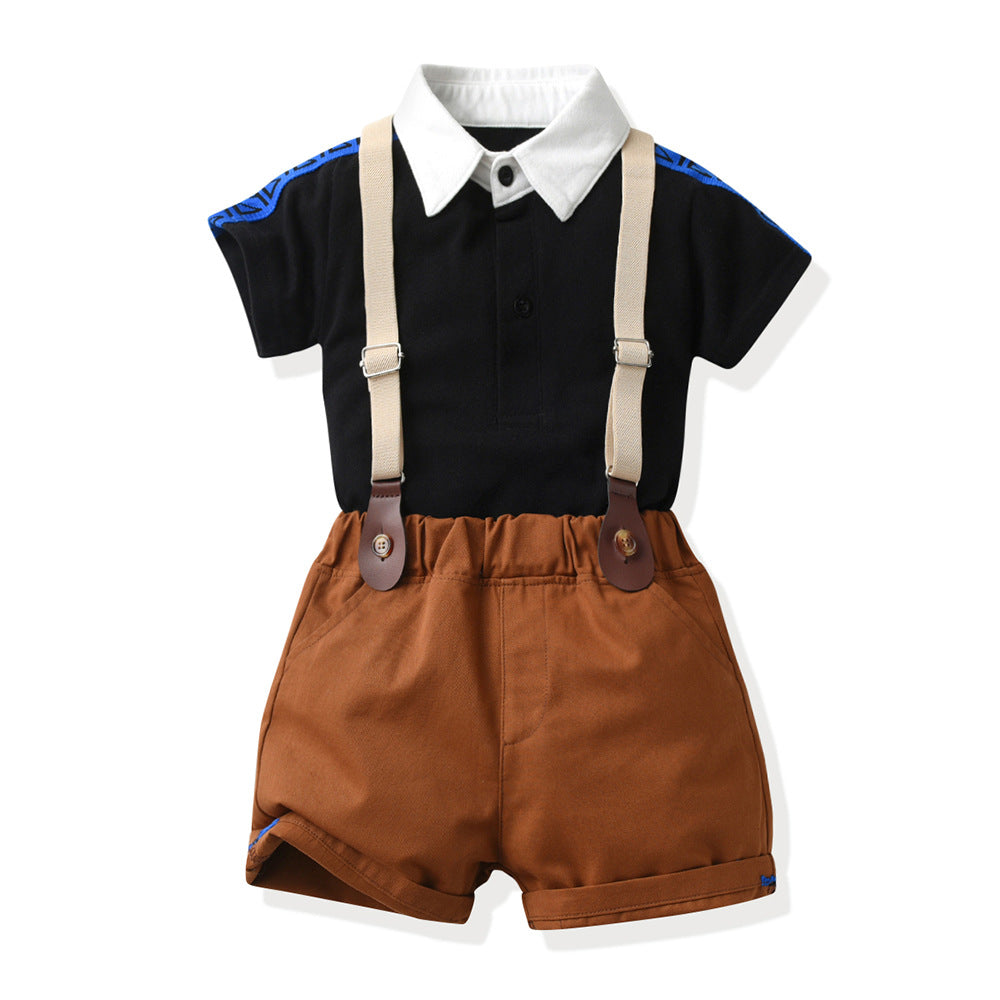 European and american new boys' summer two-piece set: boys' summer outfit, cotton patchwork polo shirt, t-shirt for mid-to-large children