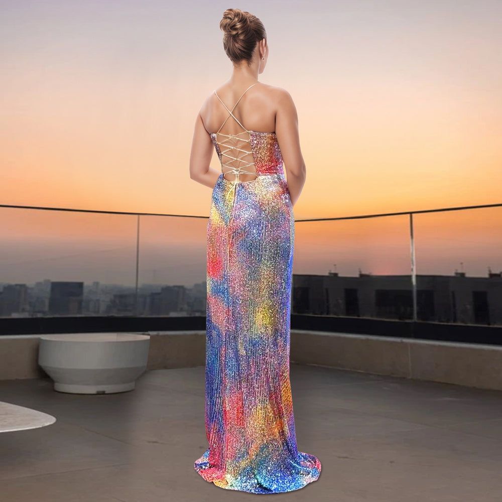 C7351 cross-border   fashion women's sexy spaghetti strap sequin bodycon sleeveless dress