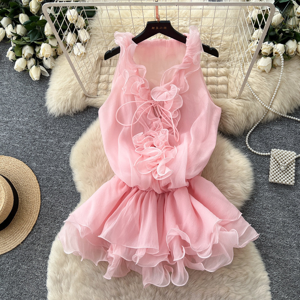 French sweet style pink ruffle sleeveless dress - women's summer, skin-friendly, breathable, ladylike, slimming, vacation dress