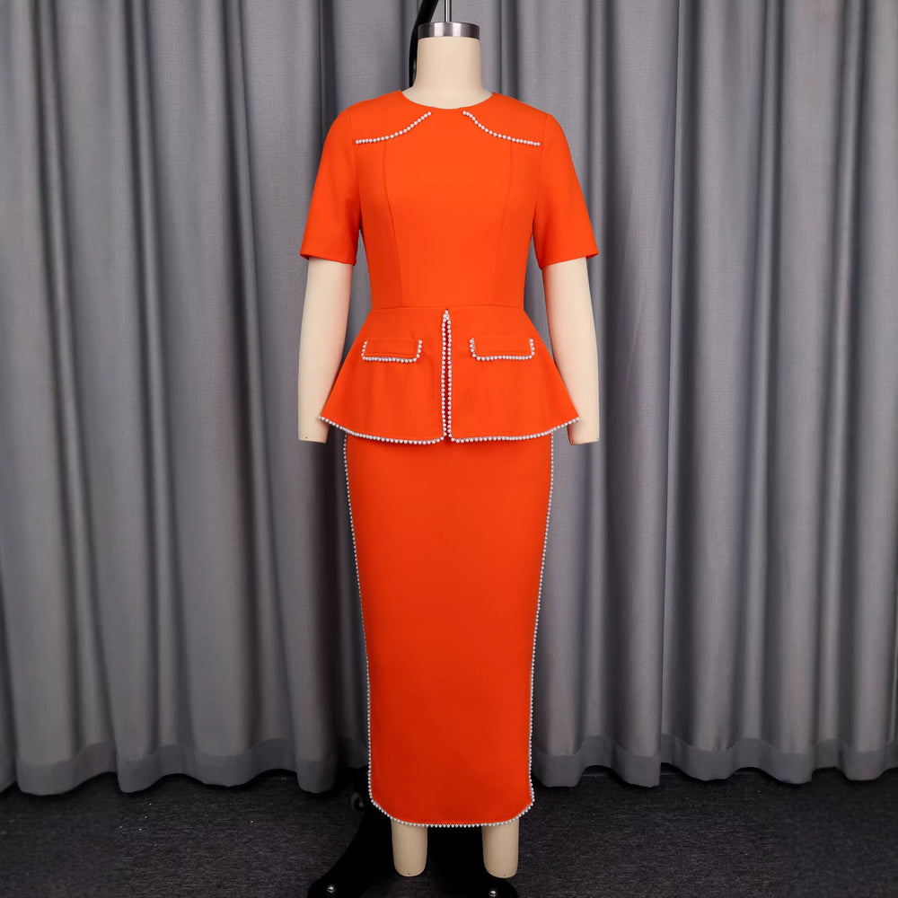 New round neck commute dress - ruffle trim knit chain detail bodycon dress