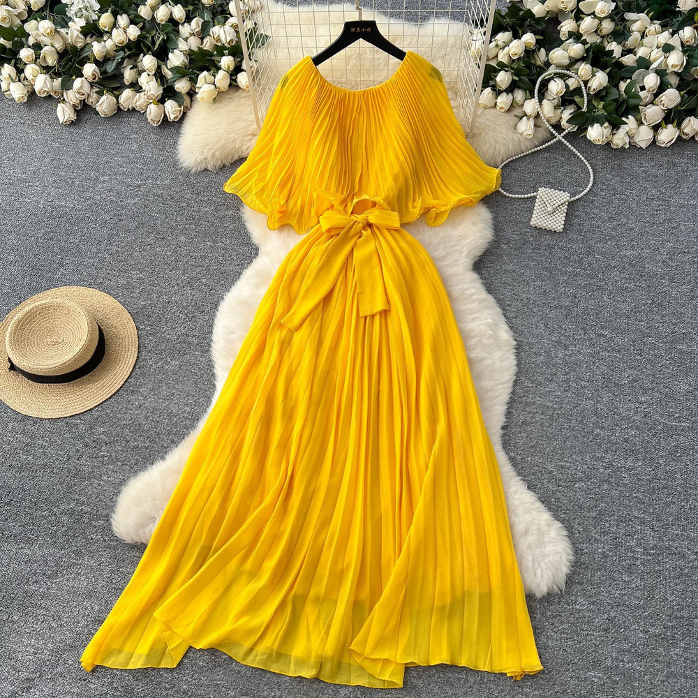 European and american fashion dress - women's french design with shawl sleeves, tie waist, elegant drape, pleated chiffon maxi dress