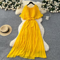 European and american fashion dress - women's french design with shawl sleeves, tie waist, elegant drape, pleated chiffon maxi dress