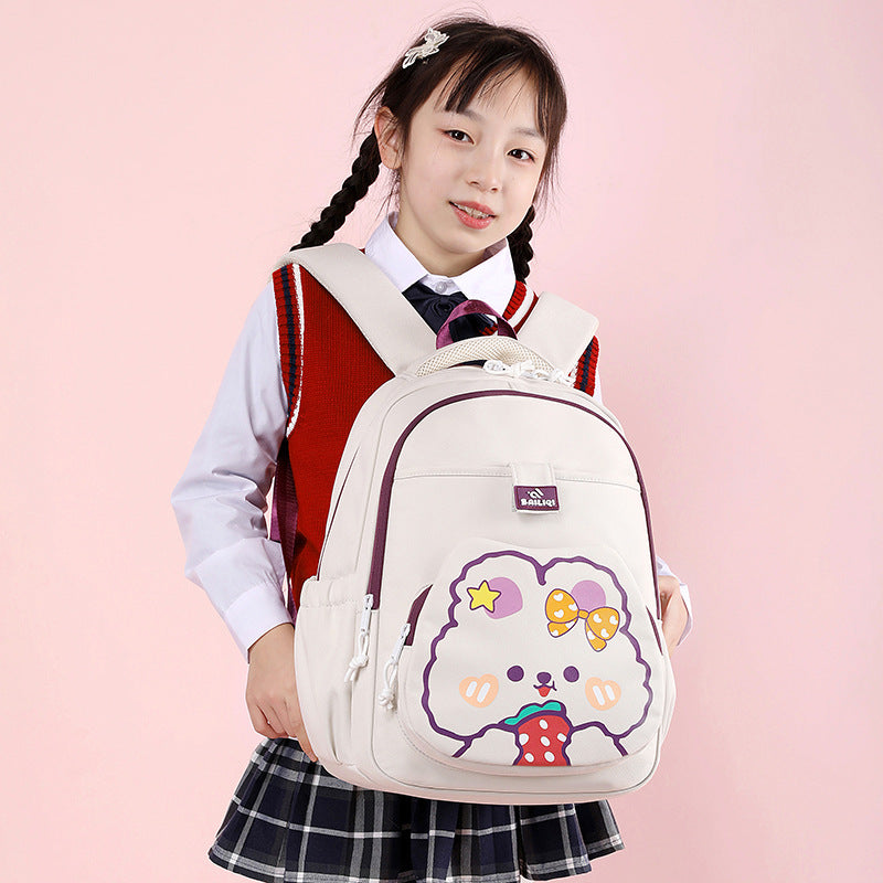 Elementary school backpack - cute cartoon rabbit design, multiple pockets, easy to clean, shape-retaining, dopamine color scheme, water-resistant backpack