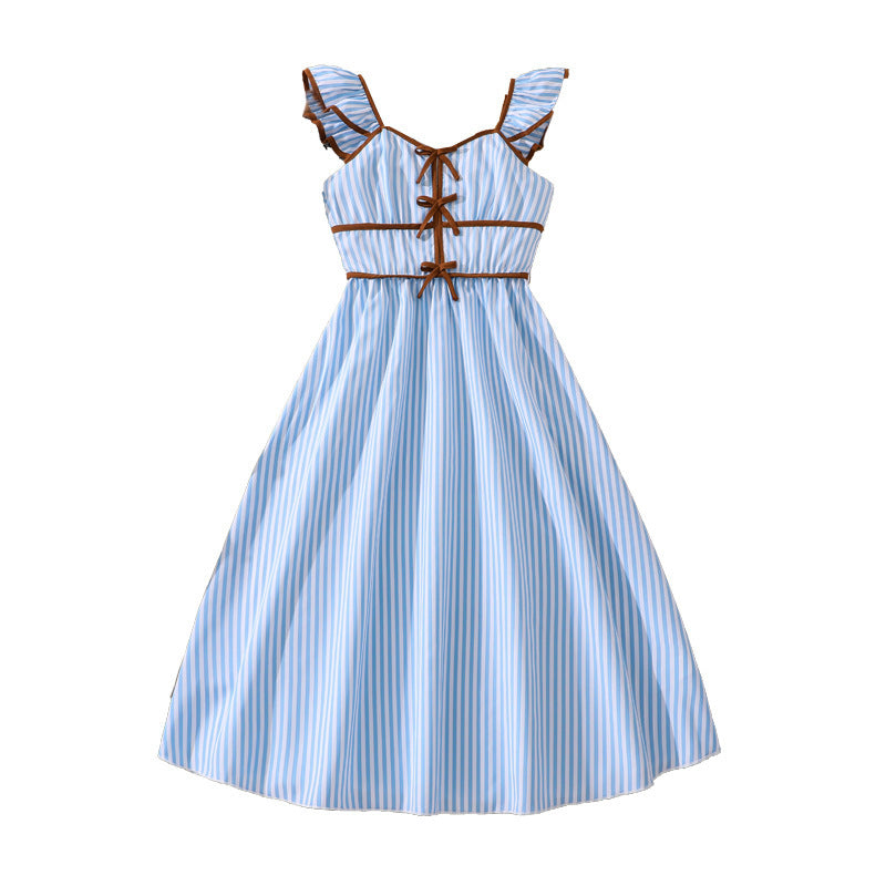 hot-selling children's clothing 26 spring and summer new arrivalfashionretrostripes suspender backless waist large swing girldress