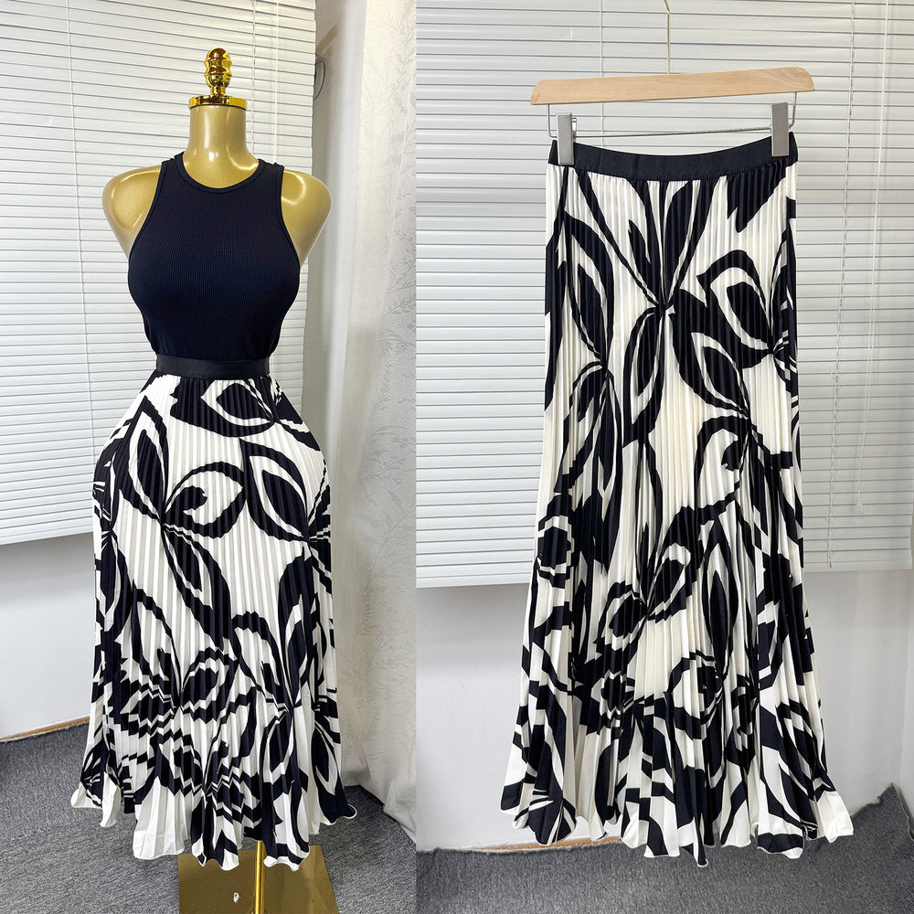 European and american style elegant pleated print midi skirt - high waist, slimming, flowy a-line skirt with elastic waistband - perfect for summer