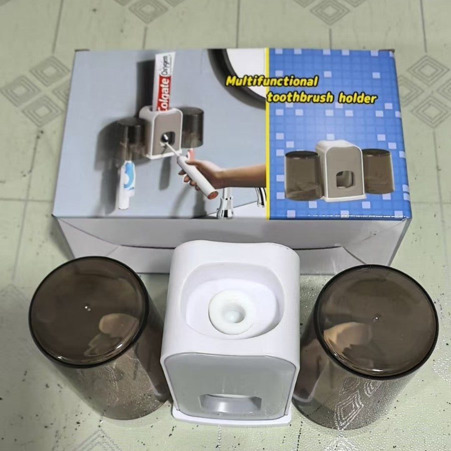 New toothbrush holder and cup set, wall-mounted, no-drill installation, perfect for home use. includes a toothbrush rack and automatic toothpaste dispenser