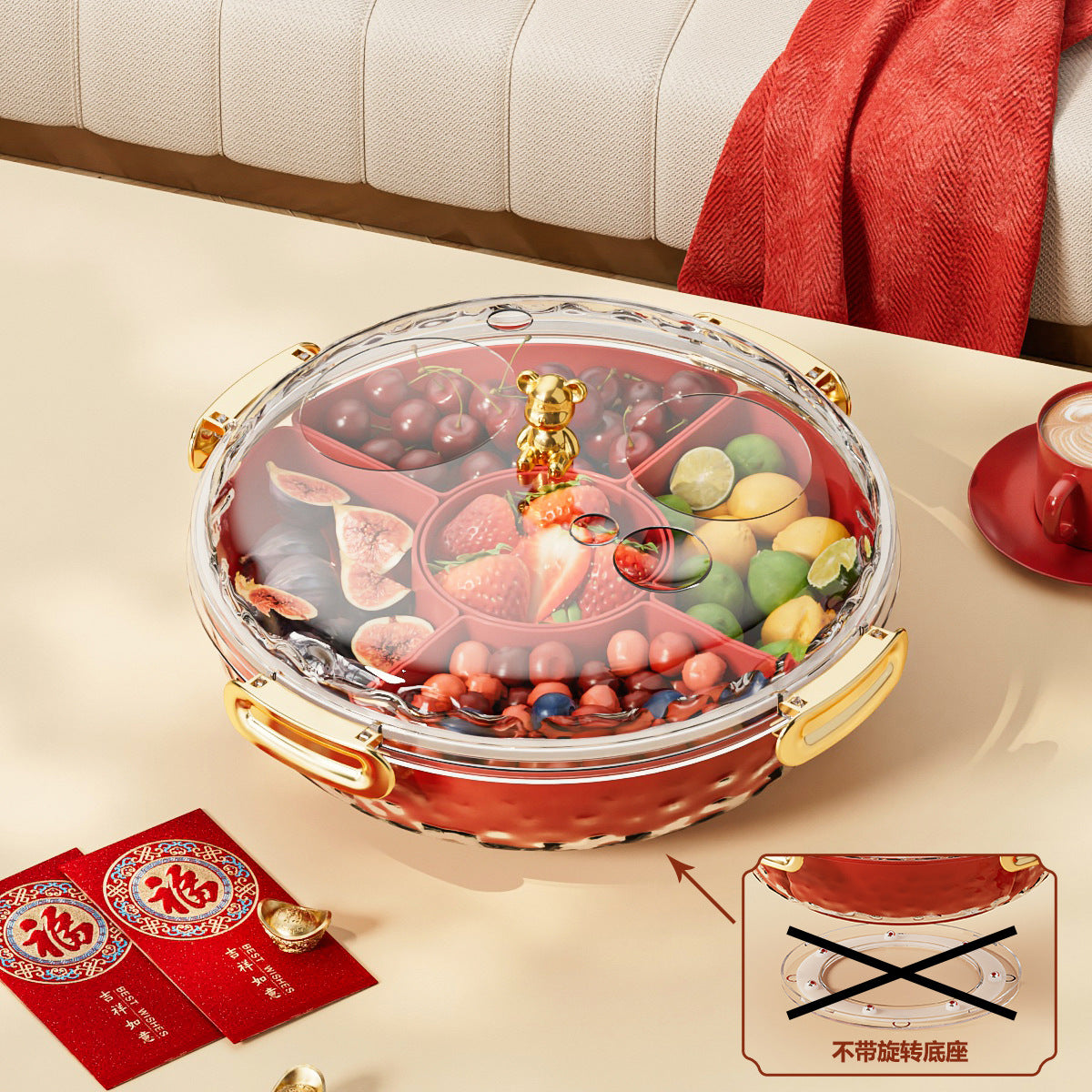New candy tray with lid household living room coffee table rotating candy box snack fruit tray divided dried fruit storage box