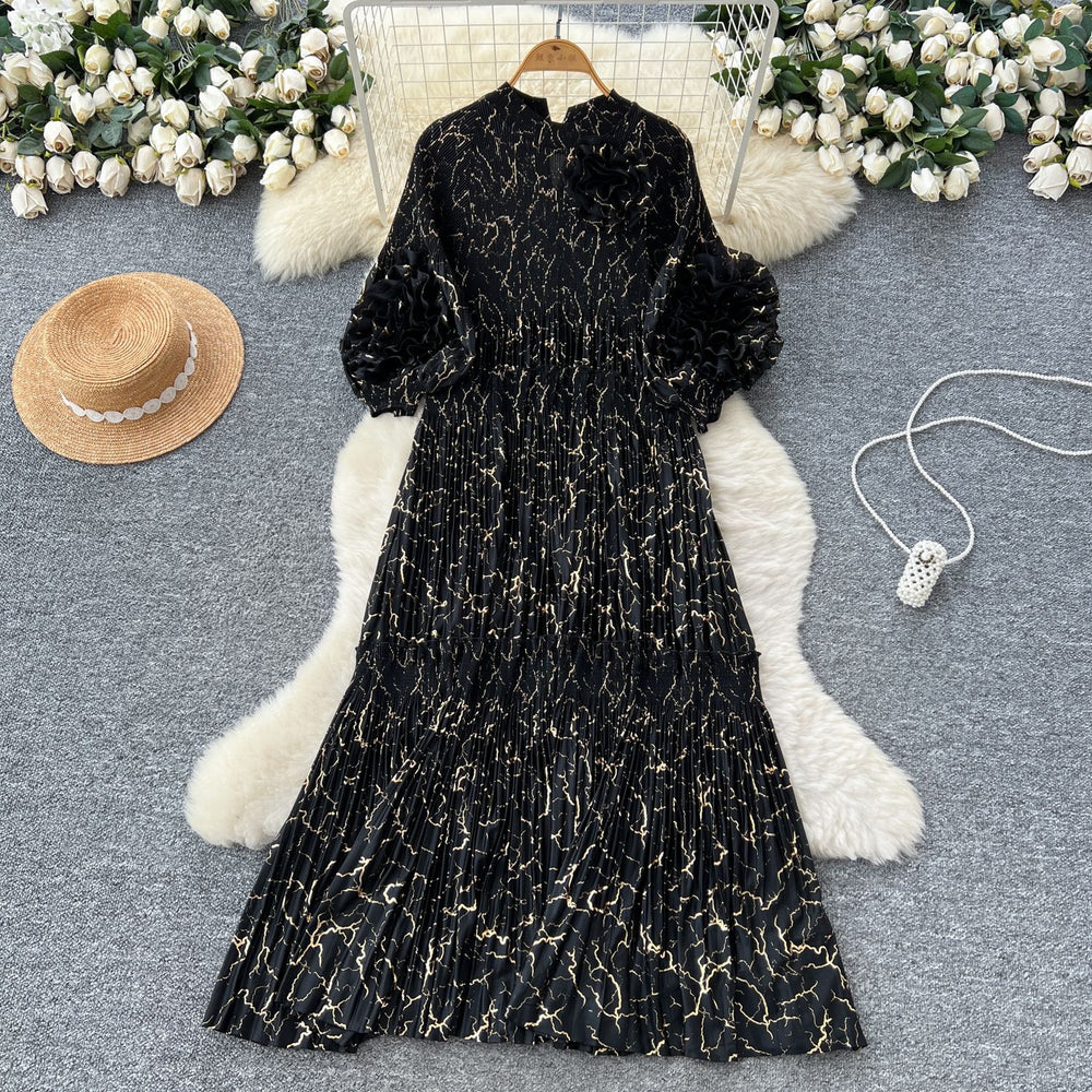 Miya pleated dress women's autumn  new high-end fashion 3d floral lantern sleeve loose maxi dress