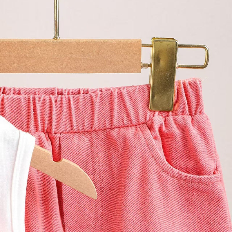Children'sclothingsummer patch bow sleeveless tops+pink ripped denim pants set