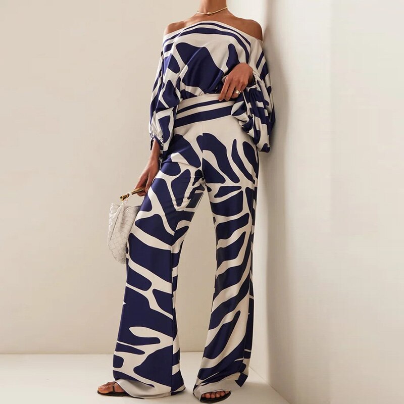 cross-border e-commerce european and american women's clothing: new summer collection - printed off-the-shoulder loose batwing sleeve wide-leg pants set