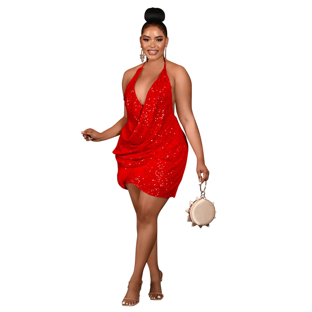 C6905 cross-border   fashion women's sexy sequin cami dress - one-piece mini dress