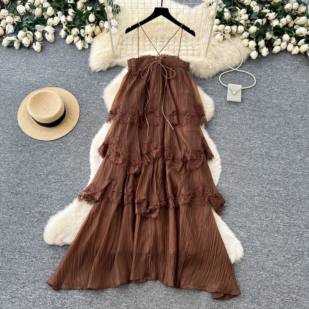 French chic sleeveless lace cami dress - summer sweetheart open back tiered maxi dress - slimming vacation style