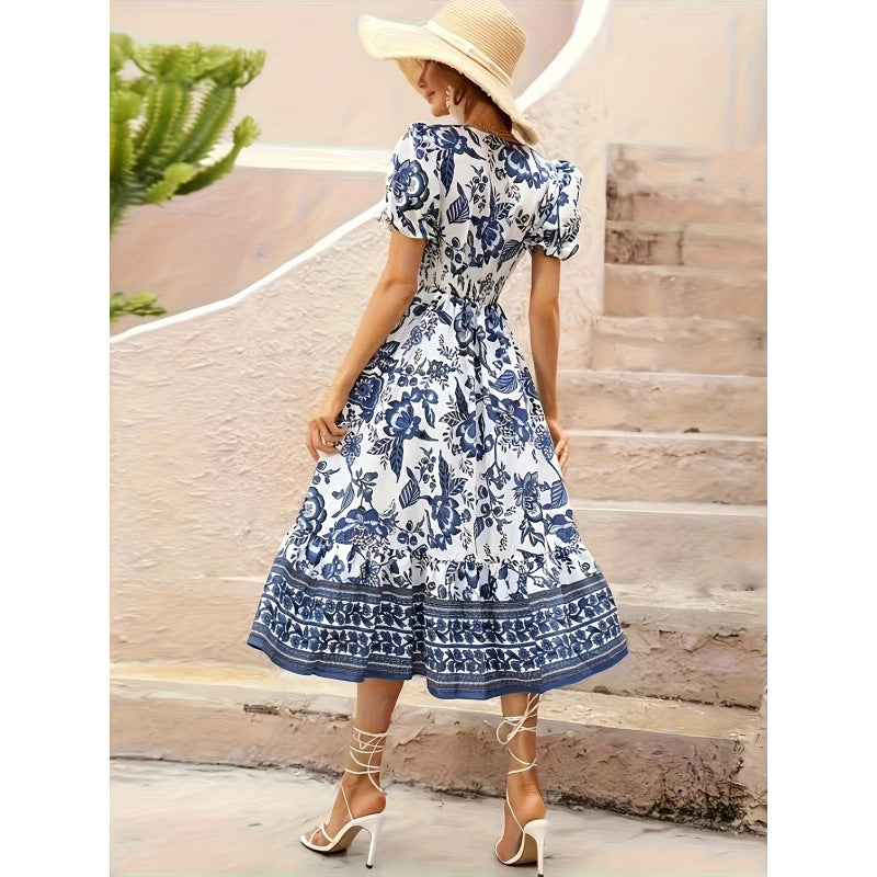 Aliexpress new women's bubble sleeve printed vacation dress