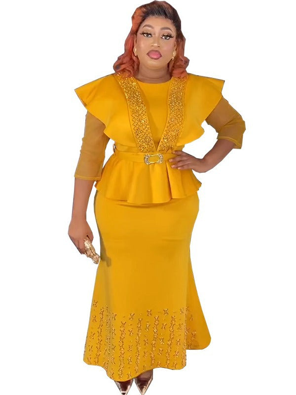 Special offer: african-style cinched waist top with beaded and rhinestone embellished solid color midi skirt - plus size european and american style dress
