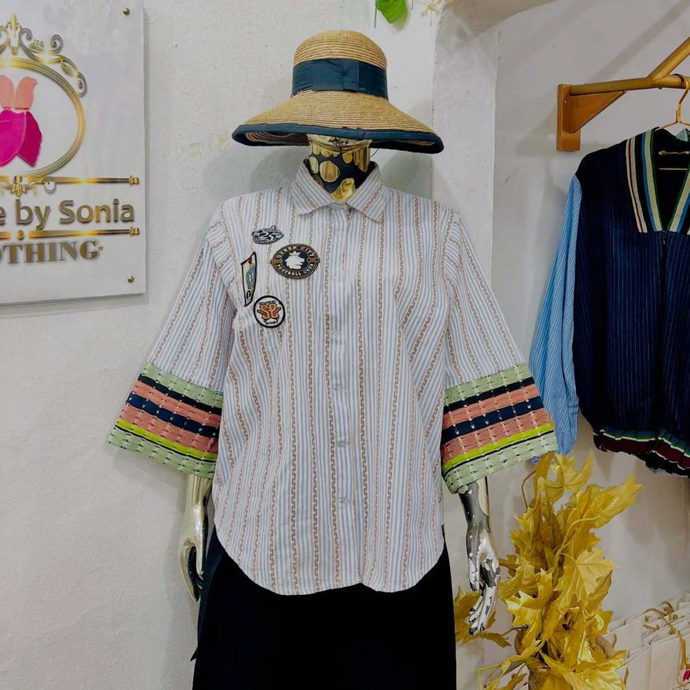 European and american cross-border women's fashion:  summer new arrival - stylish and elegant turn-down collar, loose fit, plus size, striped patchwork shirt top