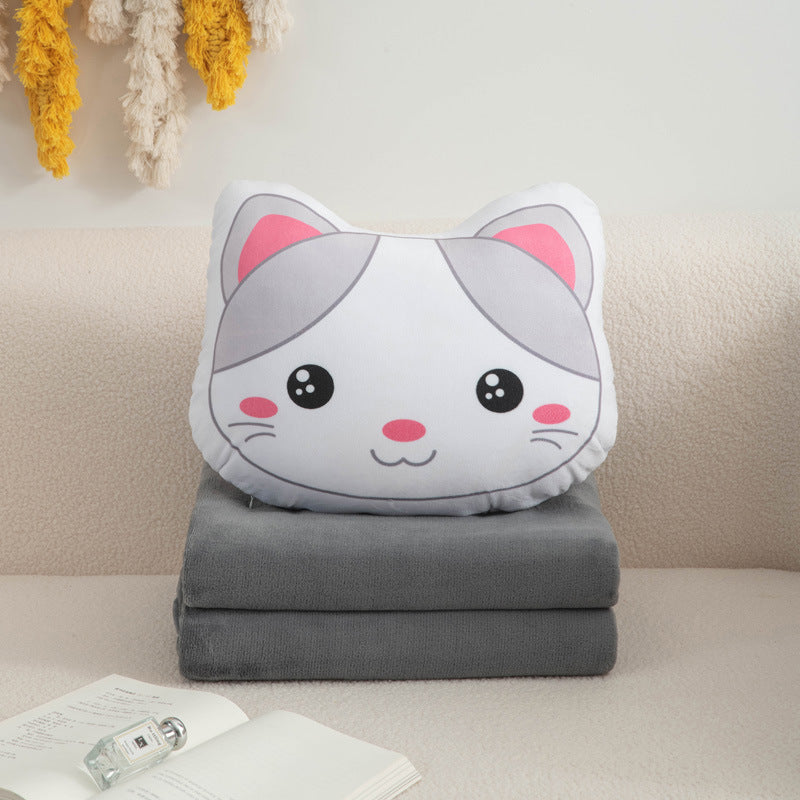 Cartoon plush pillow blanket 2-in-1: foldable throw pillow, quilt, car blanket, office flannel air conditioning blanket