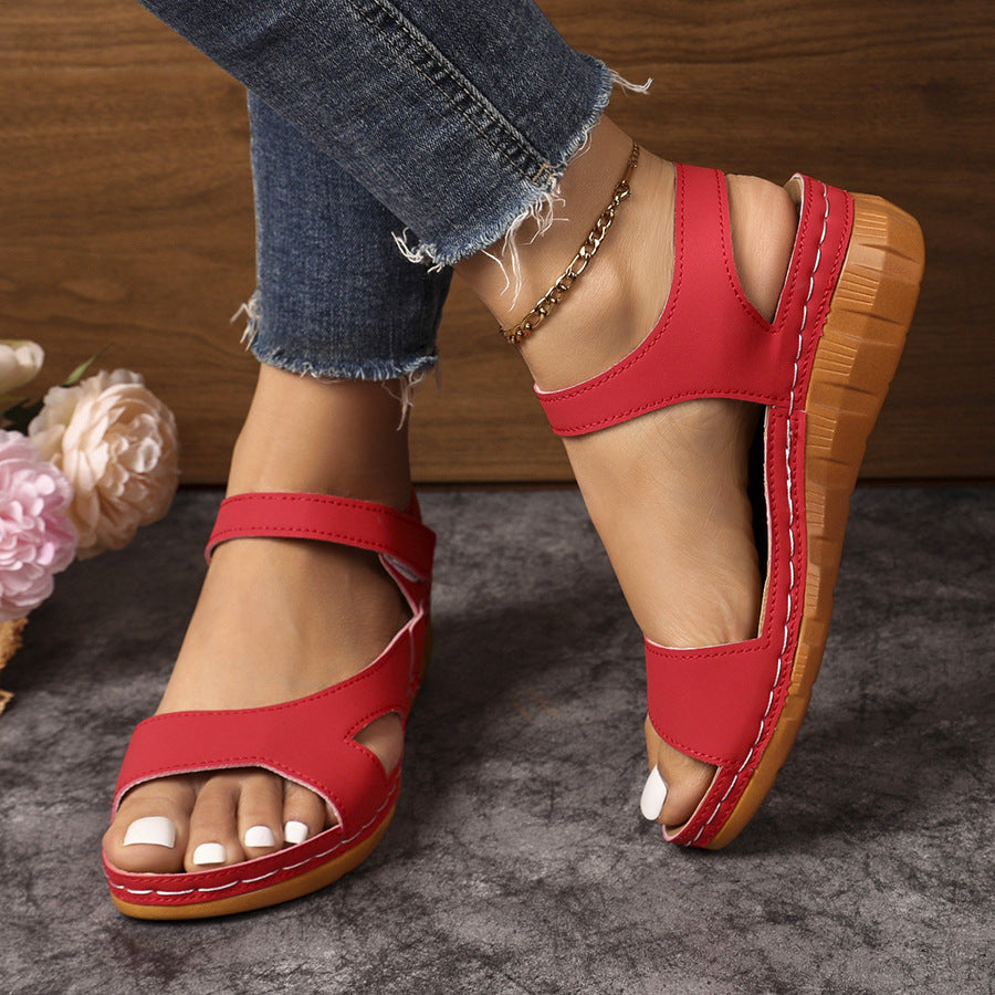 foreign trade new arrival wedge thick-soled sandals for women cross-border large size one-piece strap fish mouth velcro beach sandals