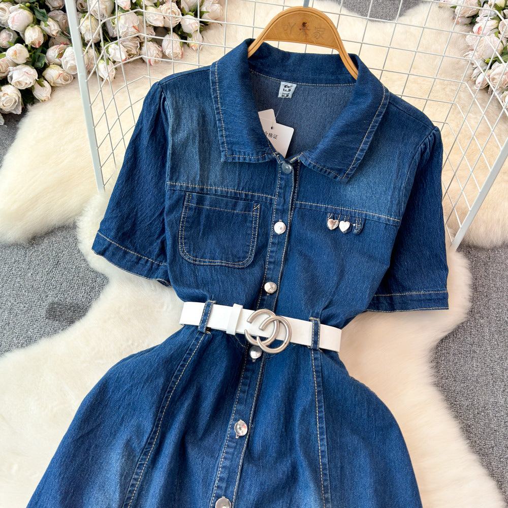 Petites short-sleeved denim dress women's summer 2024new arrivalelegantretroclassy waist slimming look long skirt