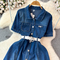 Petites short-sleeved denim dress women's summer 2024new arrivalelegantretroclassy waist slimming look long skirt