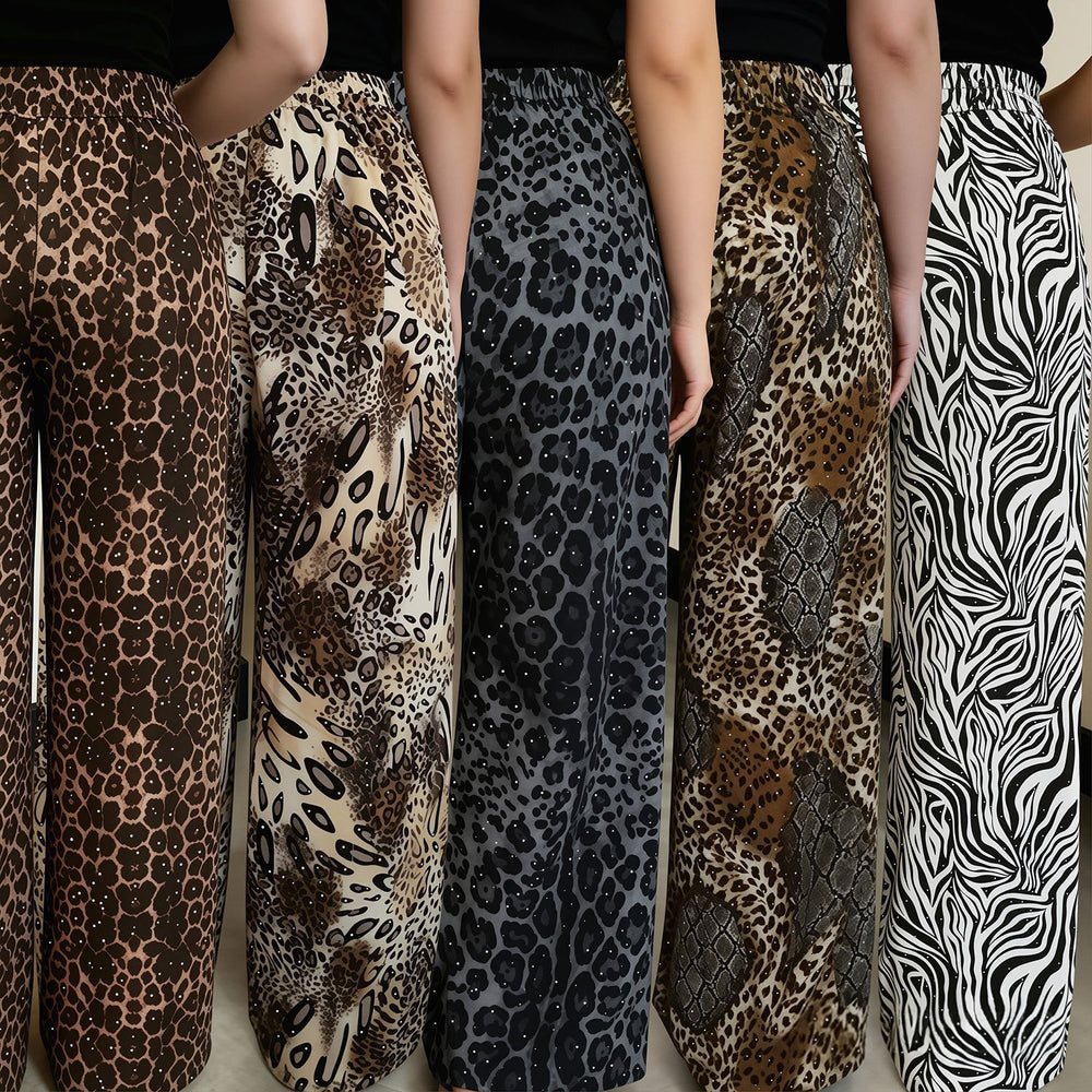 C7768 cross-border  new women's rhinestone drawstring wide-leg pants, vintage animal print casual trousers