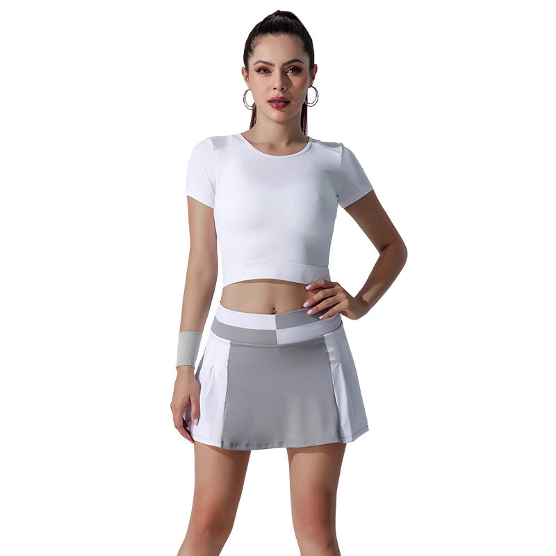 Color block breathable athletic tennis outfit set for women - oem shockproof high-elasticity top and tennis skirt two-piece set - custom yoga wear available