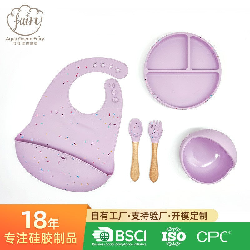 Cross-border supply Silicone children's tableware set Baby complementary food bowl bib, fork anti-drop set Cross-border spot