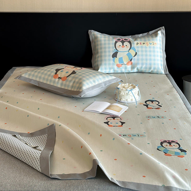 Summer cartoon ice silk mat three-piece set cute mix and match cool silk ice summer soft mat 1.5m 1.8m