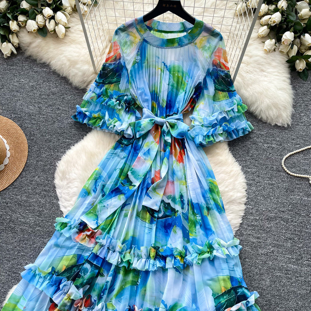 Vintage court style printed bubble sleeve dress - korean style tie-waist ruffle hem fairy dress