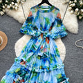 Vintage court style printed bubble sleeve dress - korean style tie-waist ruffle hem fairy dress