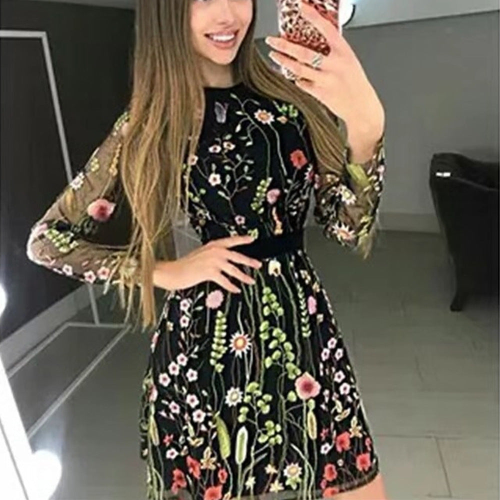 2025 spring new arrivals: european & american style women's clothing - amazon dress, embroidered bohemian floral a-line mini dress