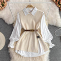 Spring lantern sleeve white shirt women's age-reducing sweet loose covering slit vest sweater layering two-piece set