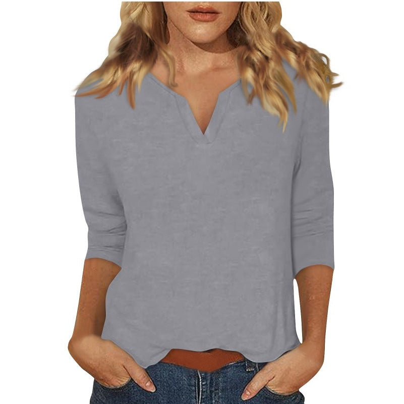 cross-border women's v-neck 3/4 sleeve solid color t-shirt top