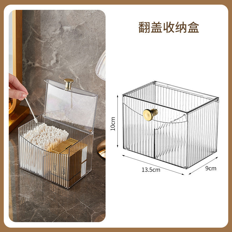 Cosmetic organizer box - cotton swabs, cotton pads, makeup sponges, makeup brushes - desktop storage with lid, divided compartments, transparent organizer