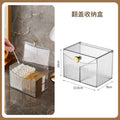 Cosmetic organizer box - cotton swabs, cotton pads, makeup sponges, makeup brushes - desktop storage with lid, divided compartments, transparent organizer