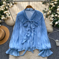 Korean style commute chic pink bow tie blouse - women's summer long sleeve ruffle trim loose fit solid color top
