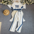 summer women's loose fit short sleeve pullover top and wide leg pants color block two-piece activewear set