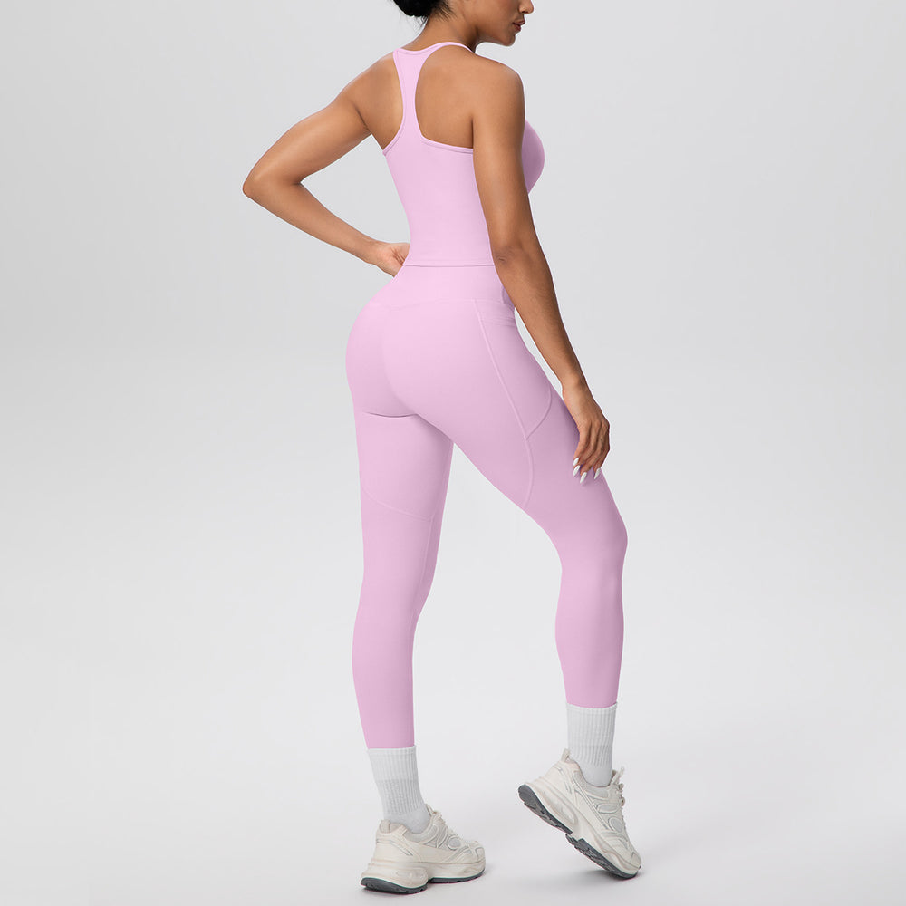 New arrival cross-border brushed back tight i-shaped back flap pocket pants yoga suit sports running fitness two-piece set