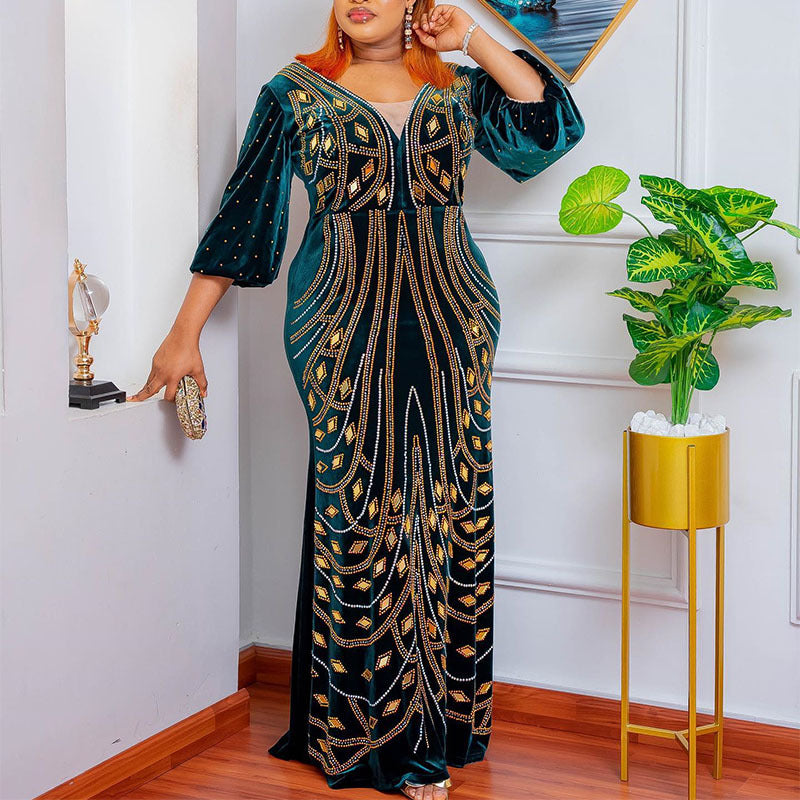 African cross-border supply  new style elegantwork clothing velvet patchwork mesh hot diamond hip-covering fishtail long skirt