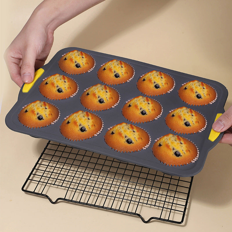 New 12-cavity silicone waffle mold with frame, jelly mold, household two-color non-stick muffin cup baking pan